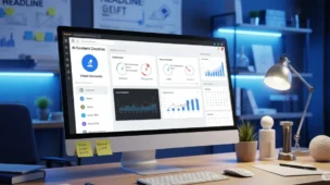 A realistic 16:9 widescreen image of a digital workspace tailored for AI content creation. A modern computer screen displays a content management dashboard with AI-generated outlines, SEO suggestions, and keyword analysis. Tools like Jasper and Surfer SEO are visible, along with a virtual assistant interface. The tech-focused office background includes writing notes, headline drafts, and performance graphs. Clean, futuristic lighting enhances the sense of innovation and digital strategy.