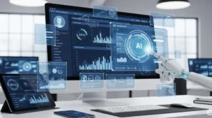 A realistic 1200x628 horizontal image of a digital marketing workspace augmented by AI. A sleek computer screen shows marketing analytics, graphs, and AI automation interfaces. Modern digital tools, animated data charts, and a robotic hand pointing at a dashboard are visible. The background is a professional, tech-themed office with clean lighting, symbolizing innovation and high-tech strategy.