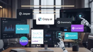 This image captures a cutting-edge digital marketing workspace, highlighting top artificial intelligence applications. Multiple digital screens showcase AI tool interfaces such as Jasper, Copy.ai, Surfer SEO, Grammarly, Canva, Lumen5, and ChatGPT. Dynamic data visualizations, automation dashboards, and a robotic hand engaging with a smart assistant are prominent. The modern office background, bathed in ambient light, conveys a sense of innovation and efficiency in AI-driven marketing strategies.