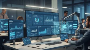 A realistic 16:9 widescreen image of a digital marketing campaign control center, driven by AI and automation. A large monitor displays campaign analytics, automated workflows, and AI-optimized budget dashboards. Multiple screens show ad performance, dynamic creative previews, and chatbot interactions. The modern, tech-enhanced workspace includes a robotic arm managing digital panels, reflecting speed, precision, and marketing innovation.